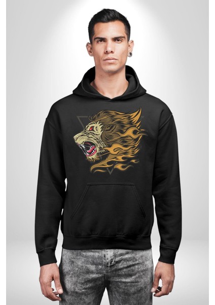 Astral Aslan Üçgen Içinde Kadın Erkek Baskılı Üç Iplik Siyah Kapüşonlu Hodie Sweatshirt