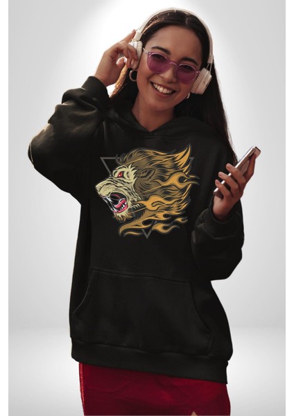 Astral Aslan Üçgen Içinde Kadın Erkek Baskılı Üç Iplik Siyah Kapüşonlu Hodie Sweatshirt modelleri