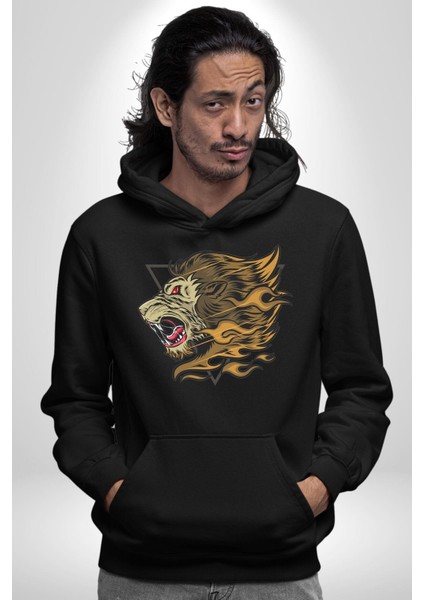 Astral Aslan Üçgen Içinde Kadın Erkek Baskılı Üç Iplik Siyah Kapüşonlu Hodie Sweatshirt indirimleri