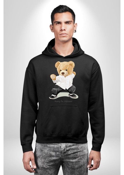 Kung Fu Ustası Oyuncak Ayı Kadın Erkek Baskılı Üç Iplik Siyah Kapüşonlu Hodie Sweatshirt