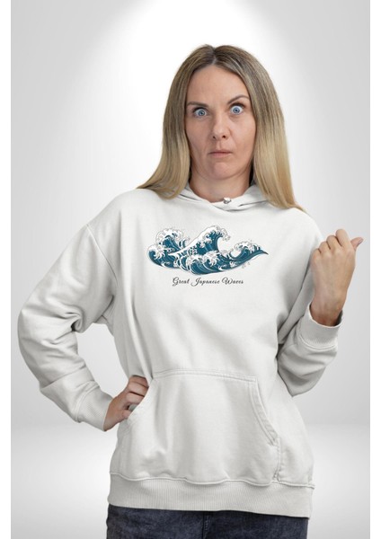Büyük Japon Dalgaları Kadın Erkek Baskılı Üç Iplik Beyaz Kapüşonlu Hodie Sweatshirt