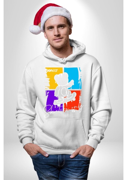 Rengarenk Kaykaylı Oyuncak Ayı Kadın Erkek Baskılı Üç Iplik Beyaz Kapüşonlu Hodie Sweatshirt