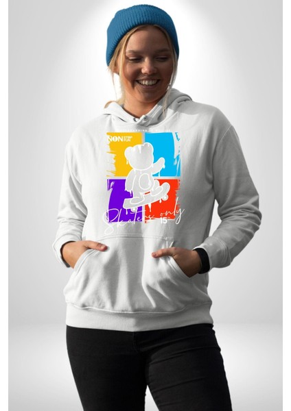 Rengarenk Kaykaylı Oyuncak Ayı Kadın Erkek Baskılı Üç Iplik Beyaz Kapüşonlu Hodie Sweatshirt fiyatları