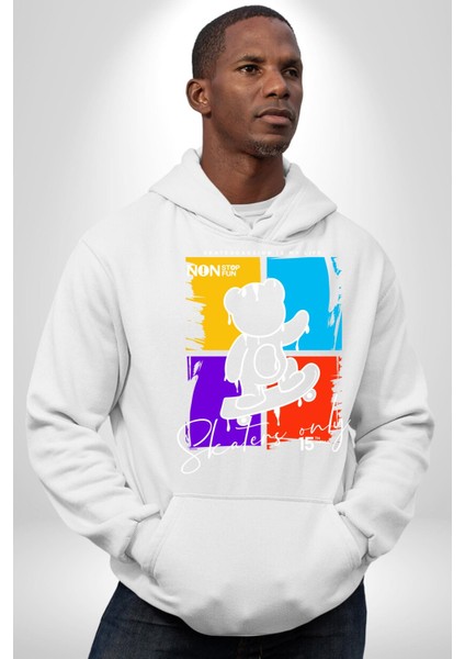 Rengarenk Kaykaylı Oyuncak Ayı Kadın Erkek Baskılı Üç Iplik Beyaz Kapüşonlu Hodie Sweatshirt modelleri