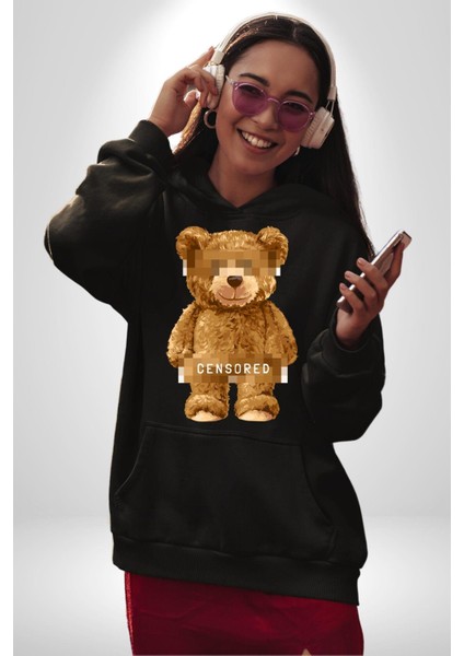 Sensörlü Suçlu Oyuncak Ayı Kadın Erkek Baskılı Üç Iplik Siyah Kapüşonlu Hodie Sweatshirt