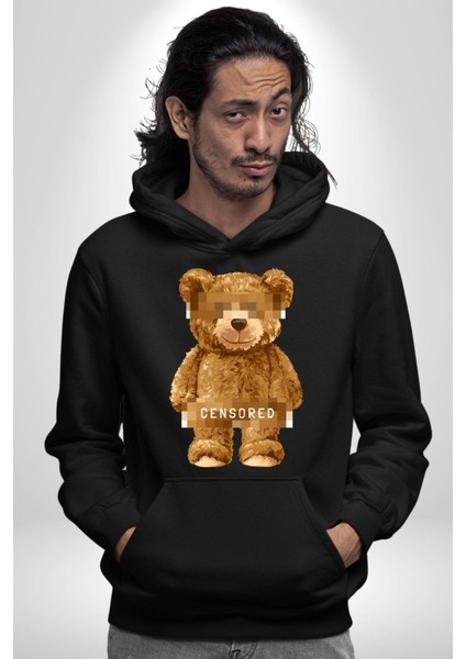 Sensörlü Suçlu Oyuncak Ayı Kadın Erkek Baskılı Üç Iplik Siyah Kapüşonlu Hodie Sweatshirt modelleri