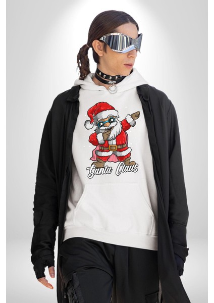 Dab Yapan Noel Baba Havalı Gözlüklü Kadın Erkek Baskılı Üç Iplik Beyaz Kapüşonlu Hodie Sweatshirt