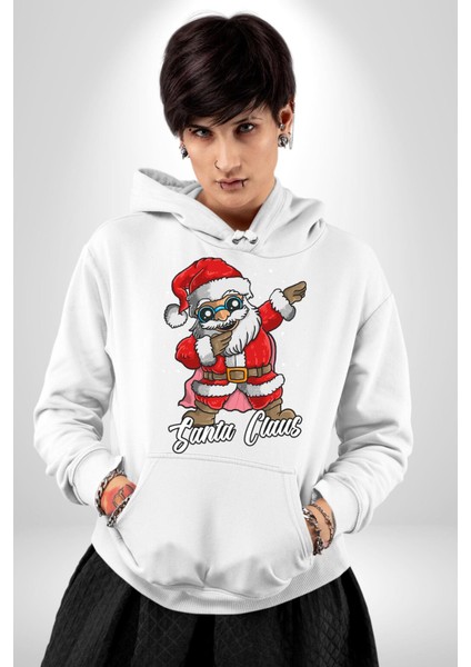 Dab Yapan Noel Baba Havalı Gözlüklü Kadın Erkek Baskılı Üç Iplik Beyaz Kapüşonlu Hodie Sweatshirt fiyatları