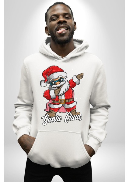 Dab Yapan Noel Baba Havalı Gözlüklü Kadın Erkek Baskılı Üç Iplik Beyaz Kapüşonlu Hodie Sweatshirt modelleri