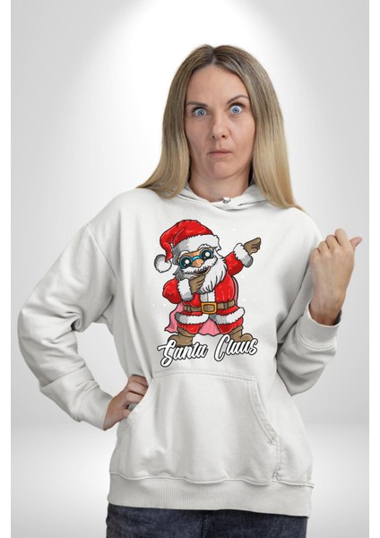 Dab Yapan Noel Baba Havalı Gözlüklü Kadın Erkek Baskılı Üç Iplik Beyaz Kapüşonlu Hodie Sweatshirt fırsatları