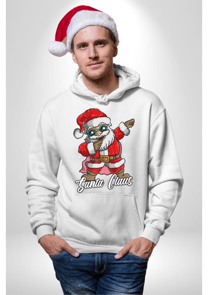 Dab Yapan Noel Baba Havalı Gözlüklü Kadın Erkek Baskılı Üç Iplik Beyaz Kapüşonlu Hodie Sweatshirt indirimleri