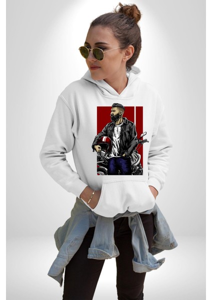 Havalı Kasklı Sakallı Motorcu Kadın Erkek Baskılı Üç Iplik Beyaz Kapüşonlu Hodie Sweatshirt
