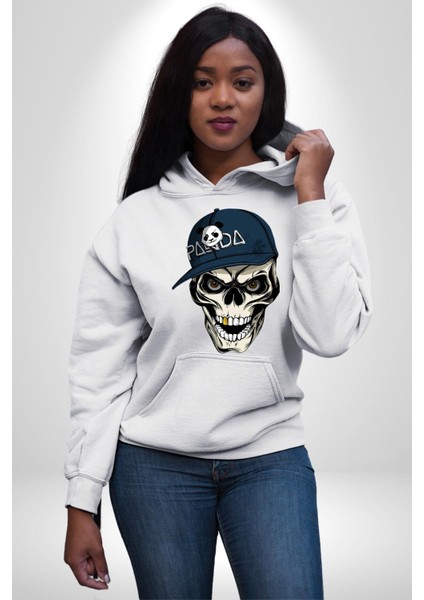 Panda Şapkalı Iskelet Adam Kadın Erkek Baskılı Üç Iplik Beyaz Kapüşonlu Hodie Sweatshirt