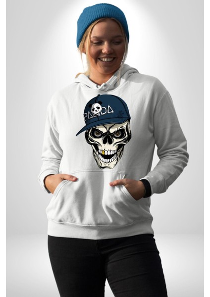 Panda Şapkalı Iskelet Adam Kadın Erkek Baskılı Üç Iplik Beyaz Kapüşonlu Hodie Sweatshirt