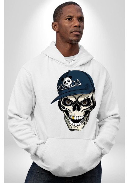 Panda Şapkalı Iskelet Adam Kadın Erkek Baskılı Üç Iplik Beyaz Kapüşonlu Hodie Sweatshirt