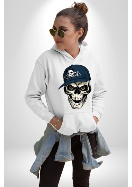 Panda Şapkalı Iskelet Adam Kadın Erkek Baskılı Üç Iplik Beyaz Kapüşonlu Hodie Sweatshirt