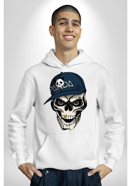 Panda Şapkalı Iskelet Adam Kadın Erkek Baskılı Üç Iplik Beyaz Kapüşonlu Hodie Sweatshirt