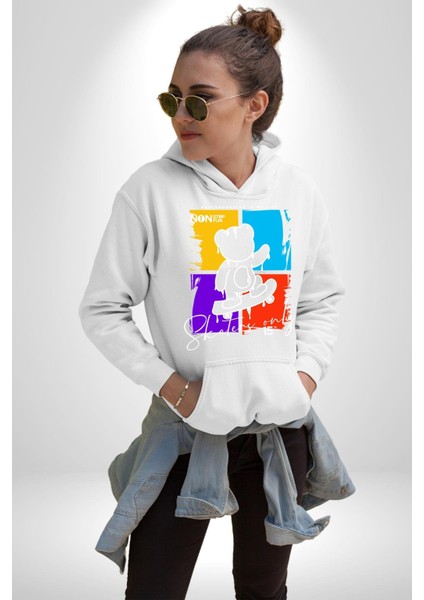 Rengarenk Kaykaylı Oyuncak Ayı Kadın Erkek Baskılı Üç Iplik Beyaz Kapüşonlu Hodie Sweatshirt fırsatları