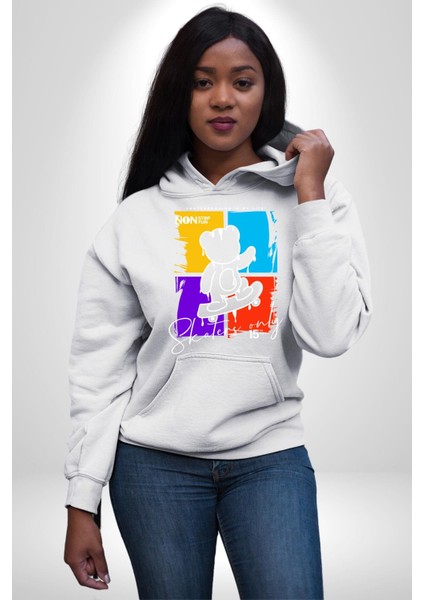 Rengarenk Kaykaylı Oyuncak Ayı Kadın Erkek Baskılı Üç Iplik Beyaz Kapüşonlu Hodie Sweatshirt indirimleri