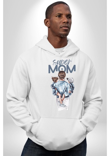 Süper Anne Anneler Günü Kadın Erkek Baskılı Üç Iplik Beyaz Kapüşonlu Hodie Sweatshirt fırsatları