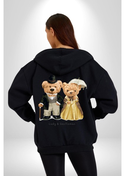 Hanımefendi ve Beyefendi Oyuncak Ayı Kadın Erkek Baskılı Fermuarlı Kapüşonlu Hırka Sweatshirt