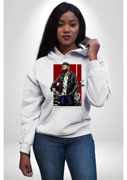 Havalı Kasklı Sakallı Motorcu Kadın Erkek Baskılı Üç Iplik Beyaz Kapüşonlu Hodie Sweatshirt fiyatları