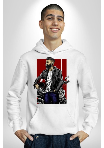 Havalı Kasklı Sakallı Motorcu Kadın Erkek Baskılı Üç Iplik Beyaz Kapüşonlu Hodie Sweatshirt modelleri