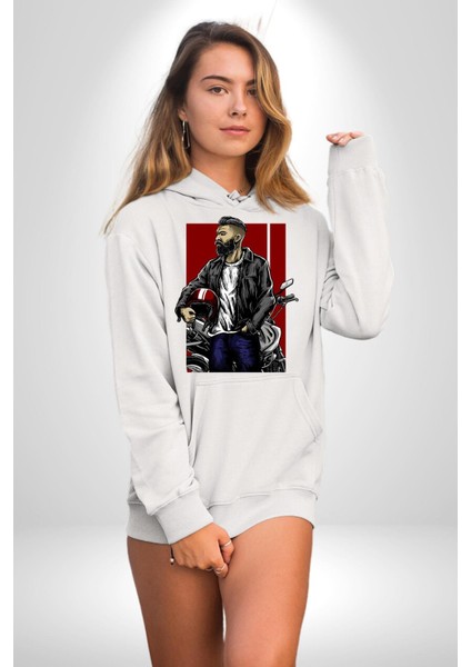 Havalı Kasklı Sakallı Motorcu Kadın Erkek Baskılı Üç Iplik Beyaz Kapüşonlu Hodie Sweatshirt fırsatları