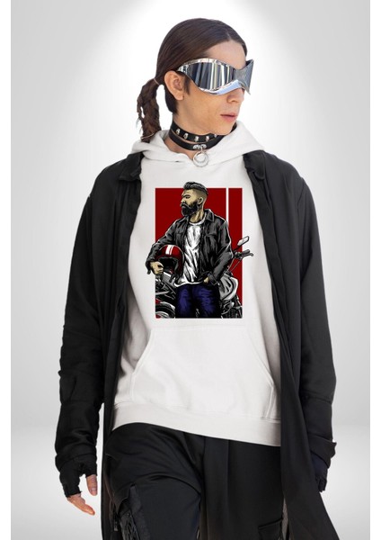 Havalı Kasklı Sakallı Motorcu Kadın Erkek Baskılı Üç Iplik Beyaz Kapüşonlu Hodie Sweatshirt indirimleri