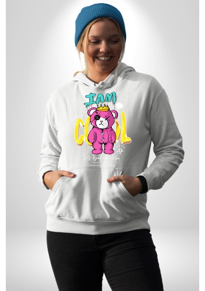 Ben Havalıyım Oyuncak Ayı Kadın Erkek Baskılı Üç Iplik Beyaz Kapüşonlu Hodie Sweatshirt