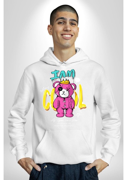 Ben Havalıyım Oyuncak Ayı Kadın Erkek Baskılı Üç Iplik Beyaz Kapüşonlu Hodie Sweatshirt indirimleri