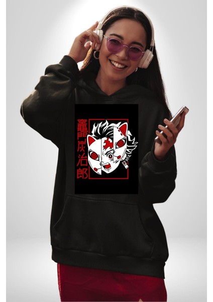 Demon Slayer Tanjiro Kamado Anime Kadın Erkek Baskılı Üç Iplik Siyah Kapüşonlu Hodie Sweatshirt modelleri