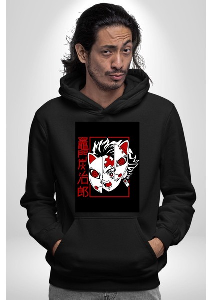 Demon Slayer Tanjiro Kamado Anime Kadın Erkek Baskılı Üç Iplik Siyah Kapüşonlu Hodie Sweatshirt indirimleri