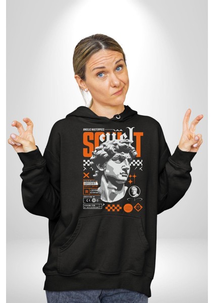 Meleksel Şaheser Yunan Antik Heykel Kadın Erkek Baskılı Üç Iplik Siyah Kapüşonlu Hodie Sweatshirt indirimleri