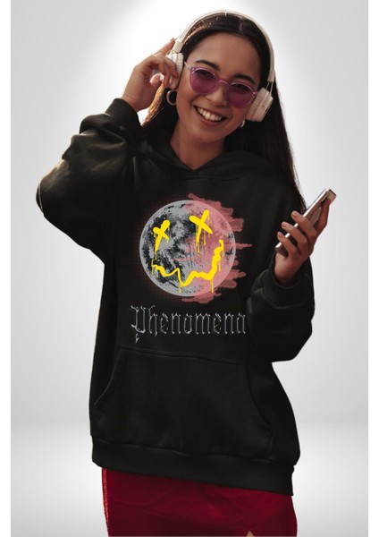 Gülen Grafiti Surat Kadın Erkek Baskılı Üç Iplik Siyah Kapüşonlu Hodie Sweatshirt modelleri