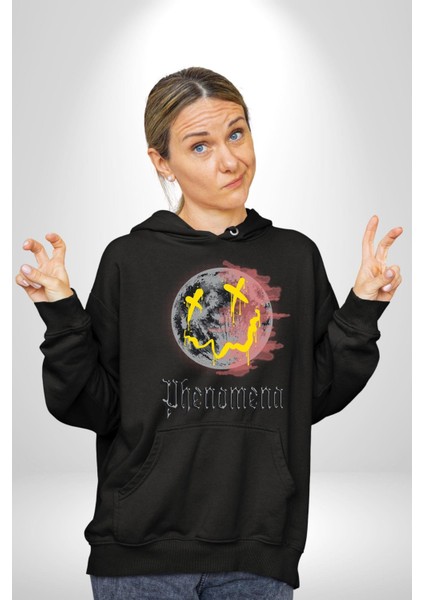 Gülen Grafiti Surat Kadın Erkek Baskılı Üç Iplik Siyah Kapüşonlu Hodie Sweatshirt fırsatları