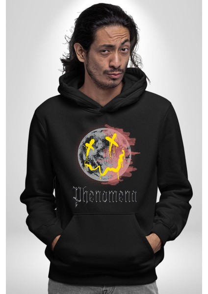 Gülen Grafiti Surat Kadın Erkek Baskılı Üç Iplik Siyah Kapüşonlu Hodie Sweatshirt indirimleri