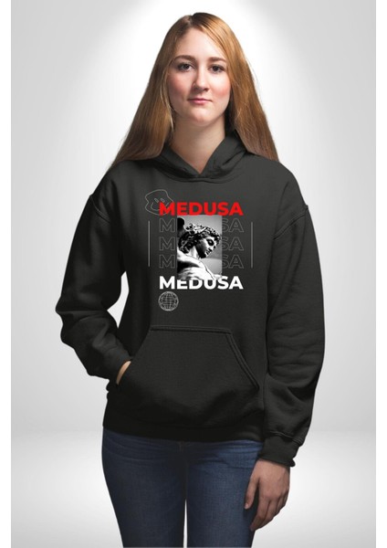 Medusa Yunan Heykeli Kadın Erkek Baskılı Üç Iplik Siyah Kapüşonlu Hodie Sweatshirt