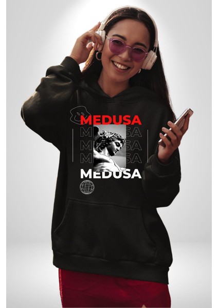 Medusa Yunan Heykeli Kadın Erkek Baskılı Üç Iplik Siyah Kapüşonlu Hodie Sweatshirt fiyatları
