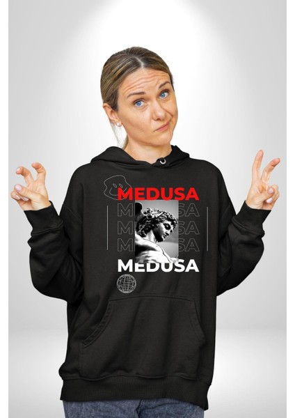 Medusa Yunan Heykeli Kadın Erkek Baskılı Üç Iplik Siyah Kapüşonlu Hodie Sweatshirt modelleri