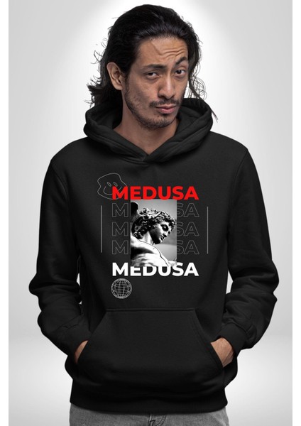 Medusa Yunan Heykeli Kadın Erkek Baskılı Üç Iplik Siyah Kapüşonlu Hodie Sweatshirt fırsatları