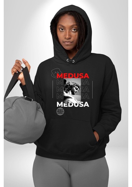 Medusa Yunan Heykeli Kadın Erkek Baskılı Üç Iplik Siyah Kapüşonlu Hodie Sweatshirt indirimleri
