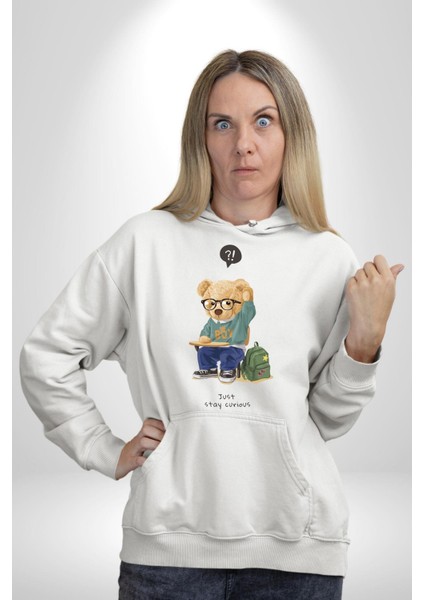 Sadece Meraklı Kal Öğrenci Tatlı Oyuncak Ayı Kadın Erkek Baskılı Üç Iplik Beyaz Kapüşonlu Hodie Sweatshirt
