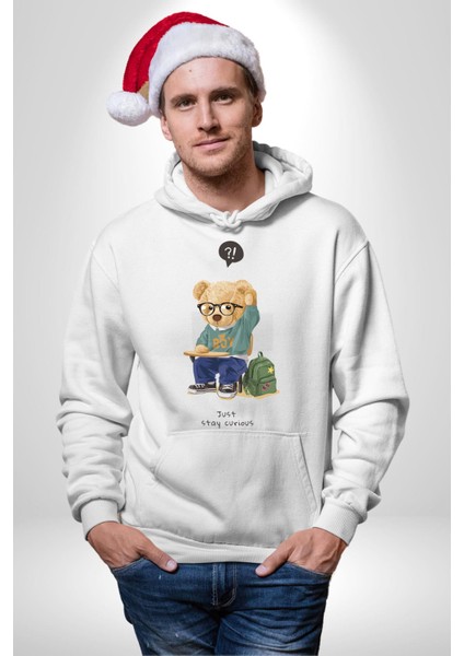 Sadece Meraklı Kal Öğrenci Tatlı Oyuncak Ayı Kadın Erkek Baskılı Üç Iplik Beyaz Kapüşonlu Hodie Sweatshirt fiyatları