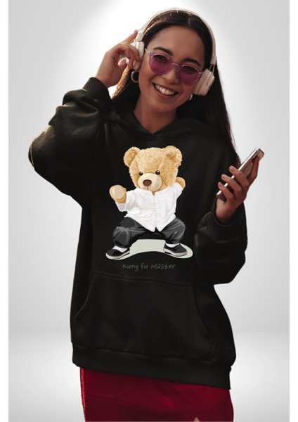 Kung Fu Ustası Oyuncak Ayı Kadın Erkek Baskılı Üç Iplik Siyah Kapüşonlu Hodie Sweatshirt modelleri