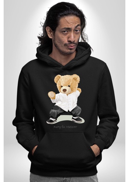 Kung Fu Ustası Oyuncak Ayı Kadın Erkek Baskılı Üç Iplik Siyah Kapüşonlu Hodie Sweatshirt indirimleri