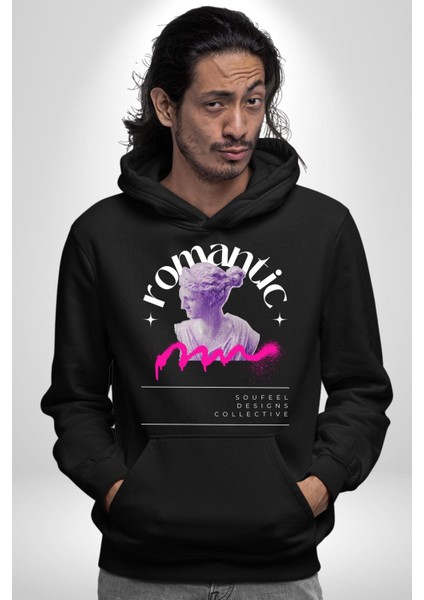Romantik Yunan Heykeli Kadın Erkek Baskılı Üç Iplik Siyah Kapüşonlu Hodie Sweatshirt modelleri