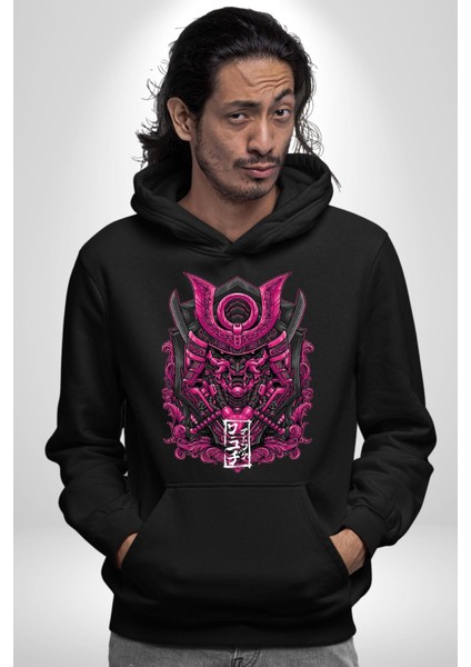 Japon Pembe Samuray Savaşçı Kadın Erkek Baskılı Üç Iplik Siyah Kapüşonlu Hodie Sweatshirt