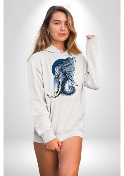 Astral Fil Mavi Ay Karşısında Kadın Erkek Baskılı Üç Iplik Beyaz Kapüşonlu Hodie Sweatshirt