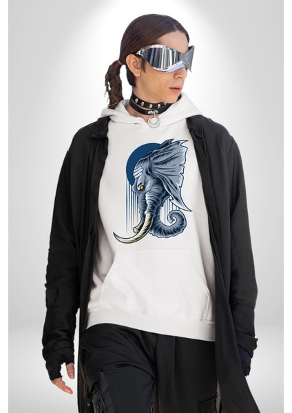 Astral Fil Mavi Ay Karşısında Kadın Erkek Baskılı Üç Iplik Beyaz Kapüşonlu Hodie Sweatshirt fiyatları